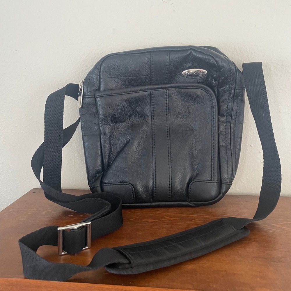 Vtg Samsonite Crossbody Purse Bag Travel Faux Leather Black Adjustable